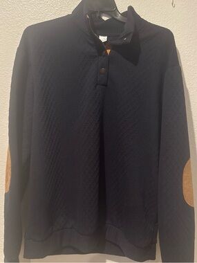Navy Quilted Pullover with Tan Elbow Patches